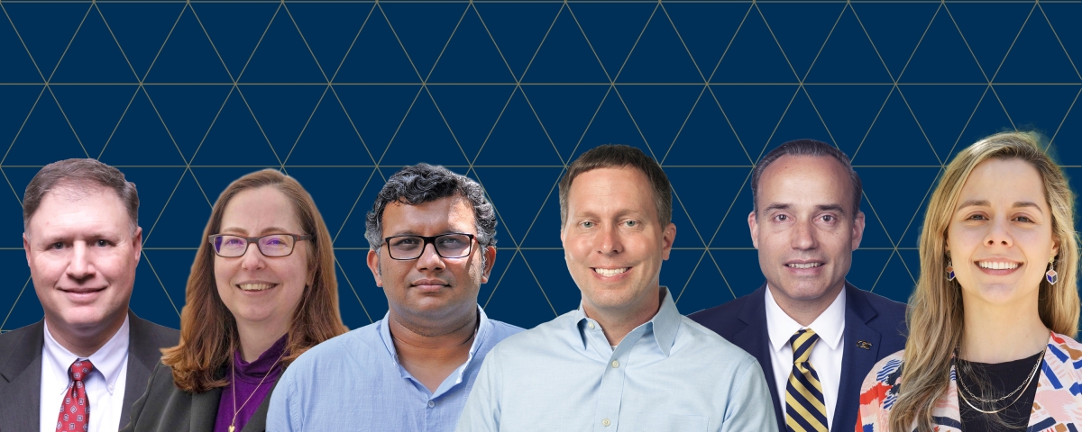 Portraits of Todd Long, Laurie Garrow, Ameet Pinto, Eric Marks, Hermann Fritz and Sofie Perez Guzman on a blue background with a gold triangle grid pattern