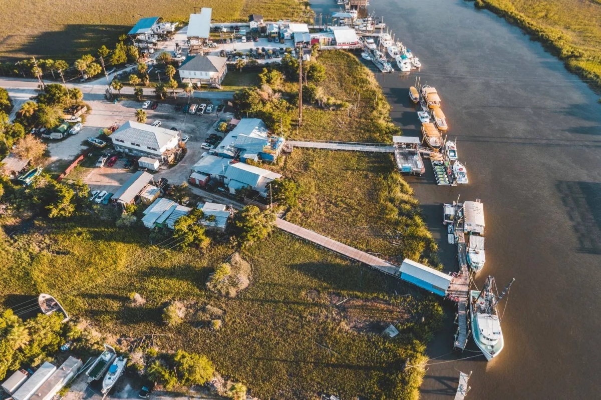 An aerial view of a marina 