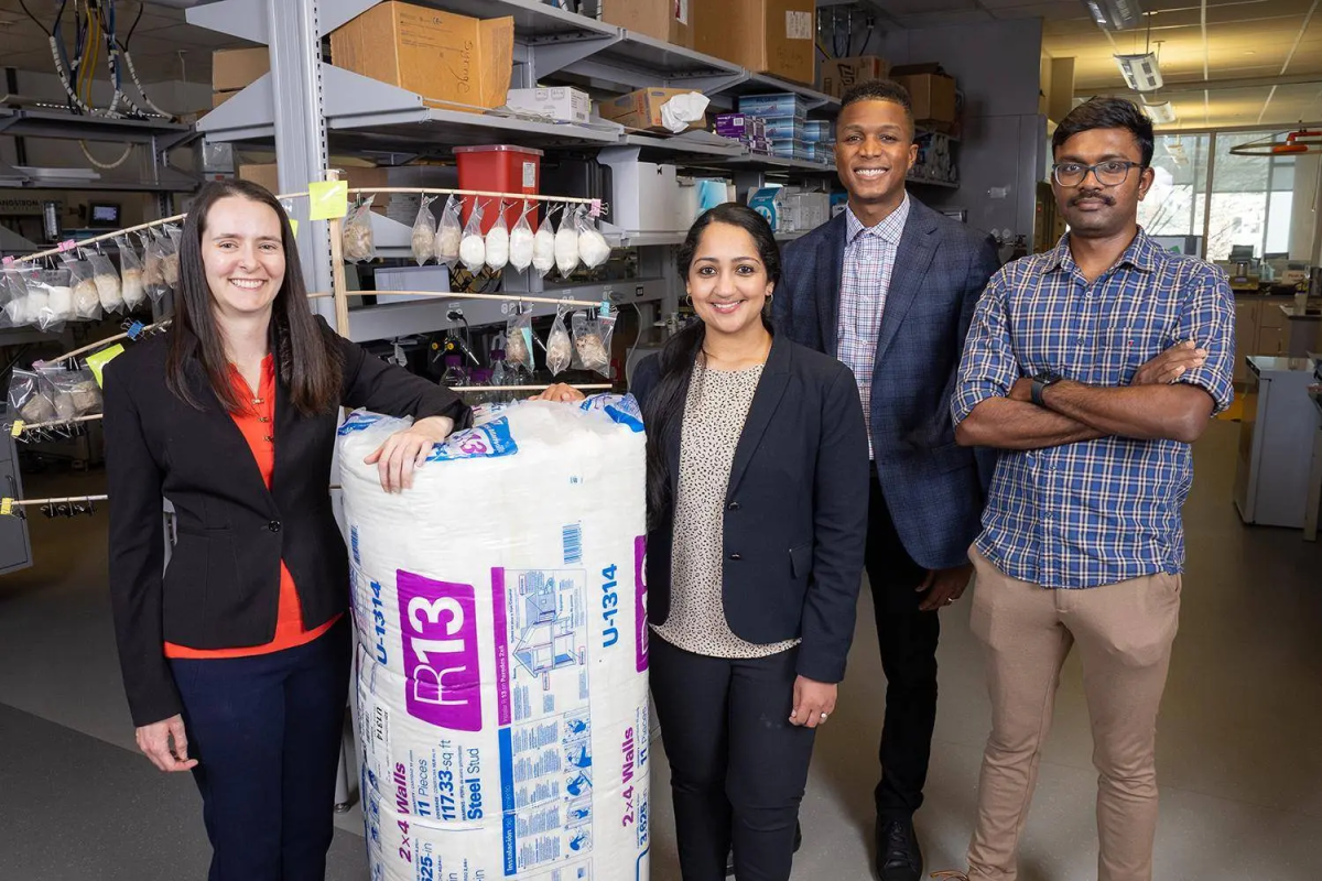 Four people in a lab pose with a package of hemp insulation