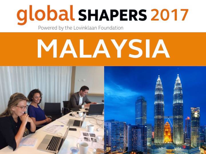 Social media flyer for Arcadis Global Shapers 2017 in Malaysia. Three people smiling at laptops and a photo of the Kuala Lumpur skyline.