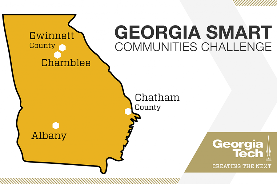 Georgia Smart Communities Challenge graphic with the state of Georgia and the four winning communities, Albany, Chamblee, Chatham County and Gwinnett County.