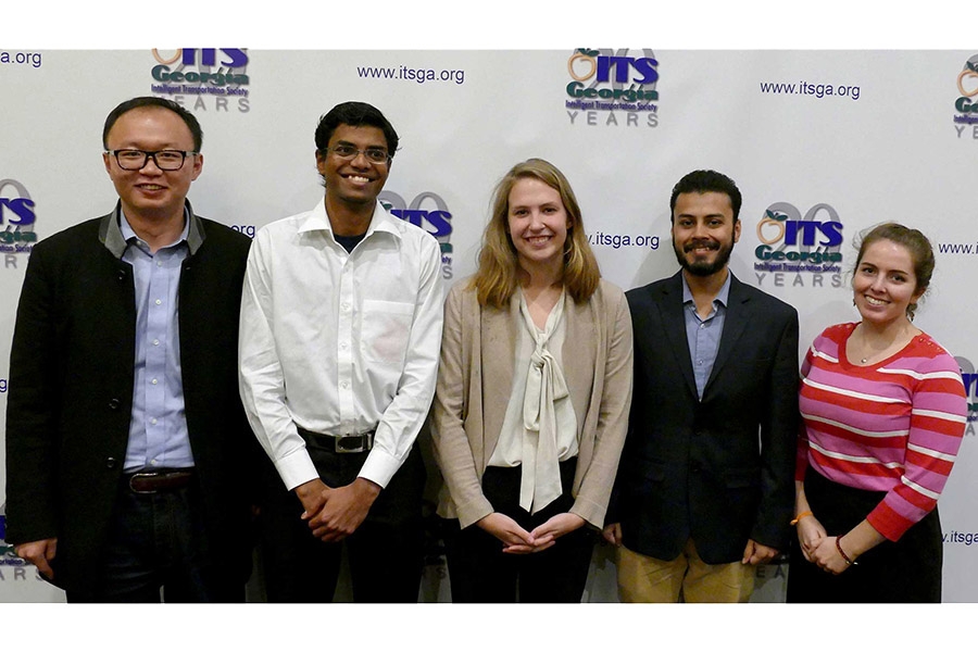 Five School of Civil and Environmental Engineering students have won Wayne Shackelford Scholarships from the Intelligent Transportation Society Georgia chapter. From left, Haobing Liu, Cibi Pranav, Lauren Gardner, Anirban Chatterjee and Zoe Turner-Yovanovitch each had to suggest smart technologies governments could use to improve urban mobility. (Photo Courtesy: ITS Georgia)