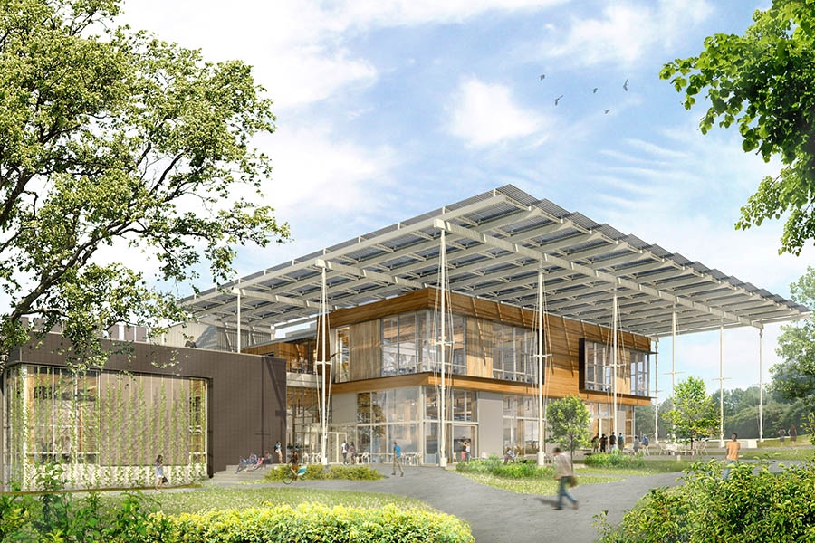 The Living Building from the northwest, showing the building's "porch" opening to the Eco-Commons to the west. (Image Courtesy: The Miller Hull Partnership and Lord Aeck Sargent)