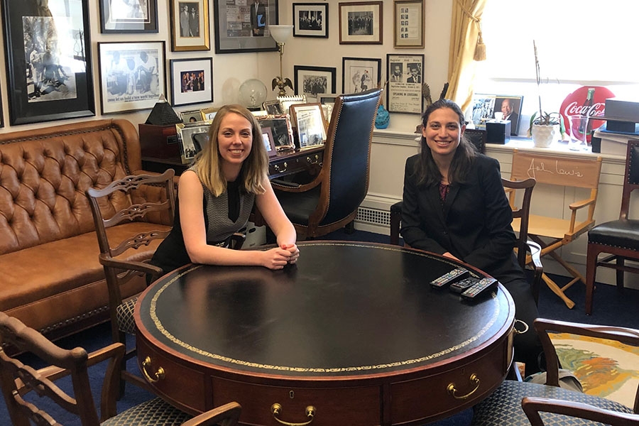 Environmental engineering Ph.D. student Laura Mast, left, and math Ph.D. student Samantha Petti visit Georgia congressman John Lewis' office. They were unable to meet with Lewis, but they did have conversations with staffers from several Georgia representatives' offices during the Catalyzing Advocacy for Scientists and Engineers Workshop, a three-day crash course in federal policymaking and science advocacy. Mast and Petti were the only two students from Georgia Tech who attended. (Photo: Robert Knotts)