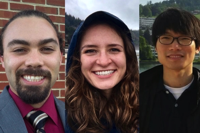 Benjamin Hurwitz, Alexandra Muscalus, and Youngjun Son, the three civil and environmental engineering students who are part of the inaugural class of the ocean science and engineering Ph.D. program.
